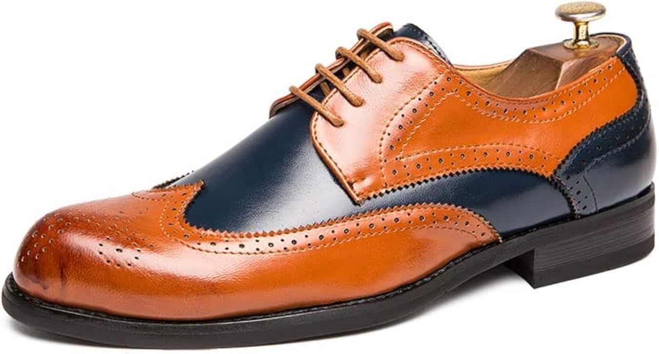 Men Oxford Dress Shoes Multicolor Brogues Wing Tips Lace Up Patchwork Two Tone Color Matching Punched Round Toe