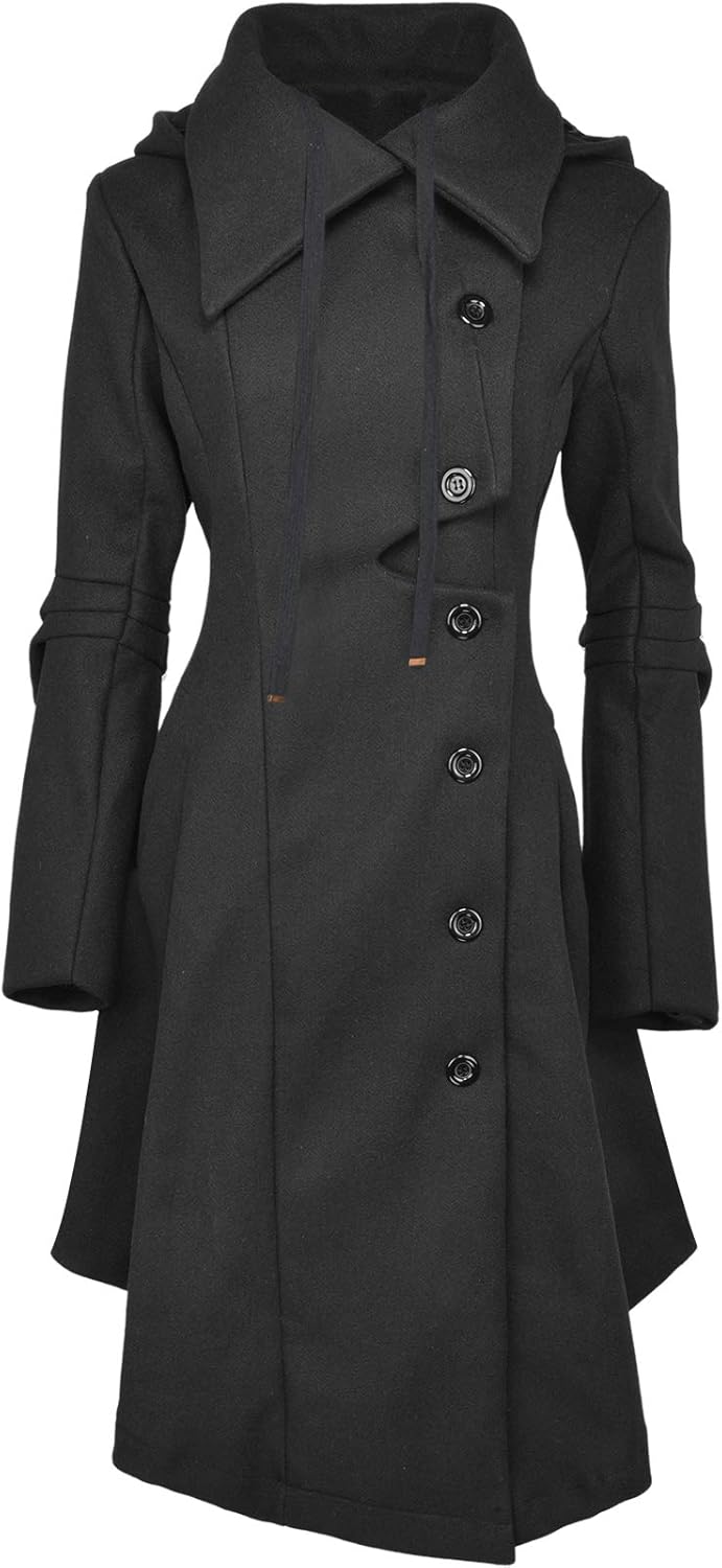 Long Trench Pea Coat for Women 鈥?Wool Winter Trench Coat Goth Lapel Peacoat Outwear Thick Hood Pea Jacket Trenchcoat