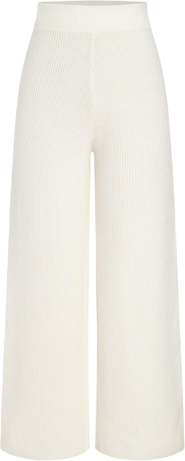 Lounge Pants Women Wide Leg Mid Waist Ribbed Knit Pants Casual Solid Warm Wool-Blend Sweatpants Fall Winter