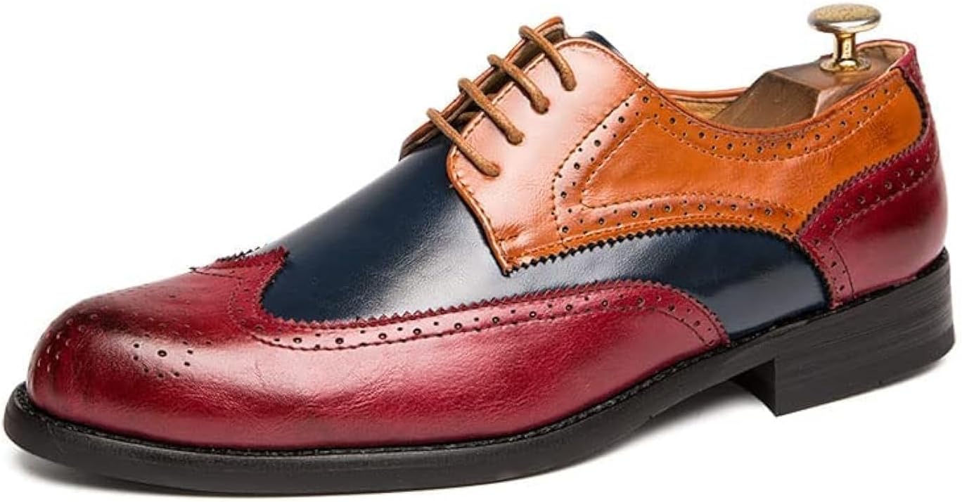 Men Oxford Dress Shoes Multicolor Brogues Wing Tips Lace Up Patchwork Two Tone Color Matching Punched Round Toe